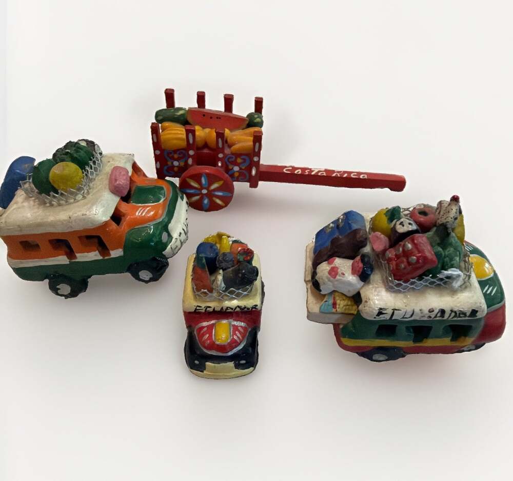 Vintage Colombian South American Clay Jeep, Bus & Cart Folk Art Sculptures 2”-4”